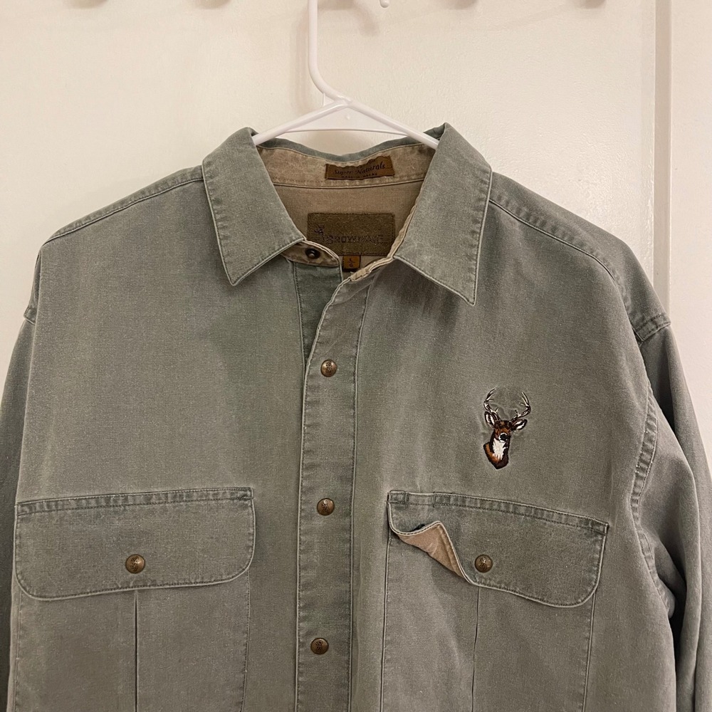 Vintage Browning Elk Embroidered Men Shirt‎ Green Hunting Cotton